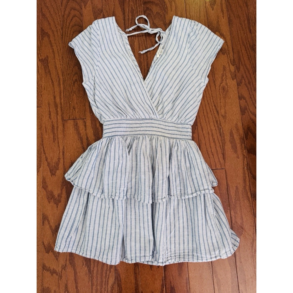 American Eagle Striped Tiered Ruffle Mini Dress Blue White Linen Blend Size S - Picture 2 of 8